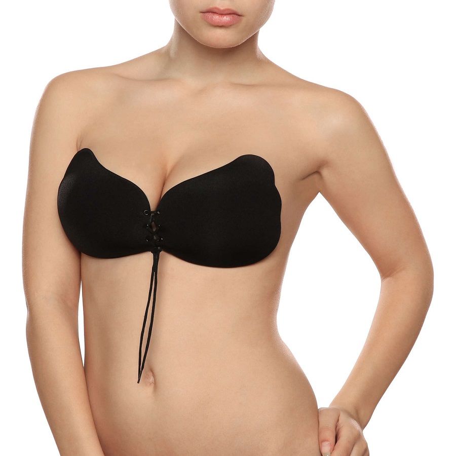 BYE-BRA Sutiã Adesivo Push-Up Lace-It Preto Copa B, mostrando o design sem alças e o fecho frontal ajustável.