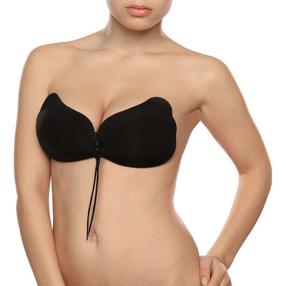 BYE-BRA Sutiã Adesivo Push-Up Lace-It Preto Copa B, mostrando o design sem alças e o fecho frontal ajustável.