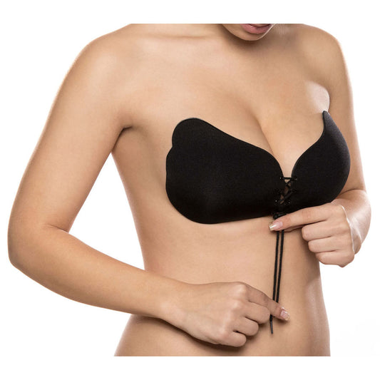 BYE-BRA Sutiã Adesivo Push-Up Efeito Renda Preto Copa D com detalhe do fecho frontal.