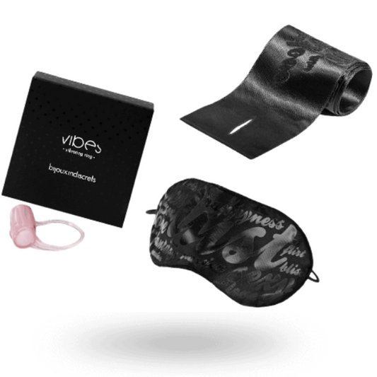 Kit BIJOUX Instrumentos de Prazer Nível Vermelho com anel vibratório, algemas e máscara para jogos BDSM