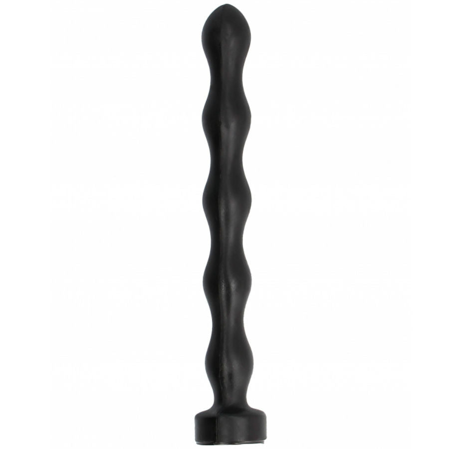 Close-up do ALL BLACK Plug Anal Bola 32 CM, mostrando seu design alongado e formato de bola com variação de largura.