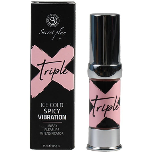 Embalagem do gel intensificador de prazer unissex SECRETPLAY Triple X 15ml, mostrando o design moderno e discreto do produto.