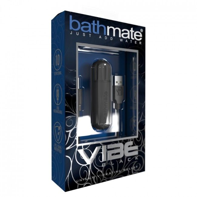 Close-up da Bala Vibratória BATHMATE Vibe Preta Recarregável USB, destacando seu design compacto e elegante.