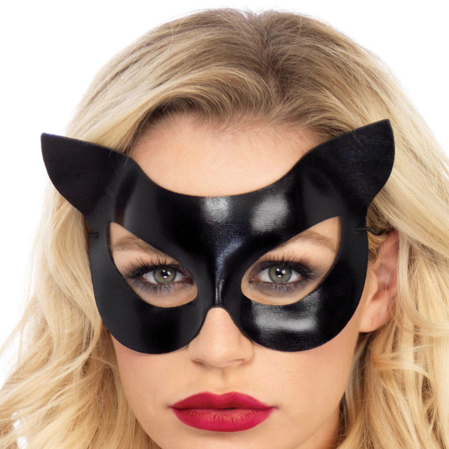 Máscara de gato de vinil preta LEG AVENUE, ideal para roleplay e fantasias.