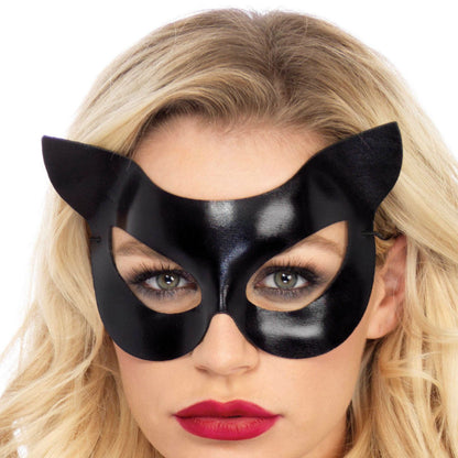 Máscara de gato de vinil preta LEG AVENUE, ideal para roleplay e fantasias.
