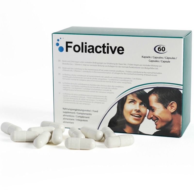 Embalagem do suplemento 500 COSMETICS Foliactive para queda de cabelo com 60 comprimidos