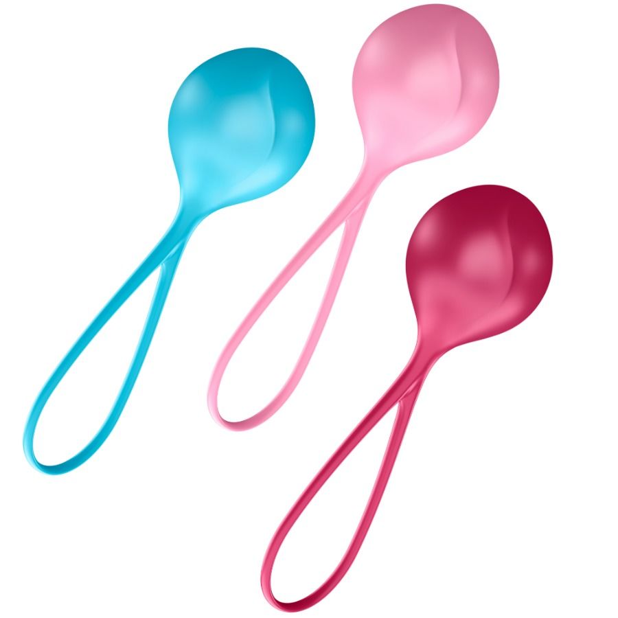 Satisfyer Conjunto de Bolas Vaginais Loveballs 3 Pesos, detalhe do material em silicone e pesos.
