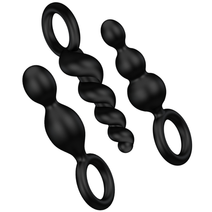 Conjunto Satisfyer de 3 Plugs Anais Pretos em silicone, mostrando os diferentes tamanhos e a textura suave.