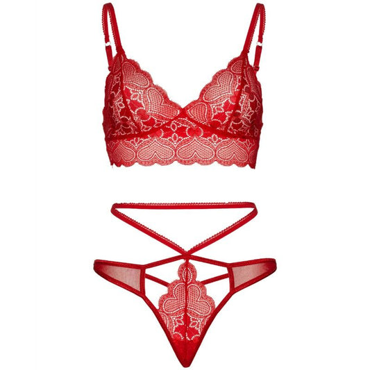Close-up do Conjunto de Lingerie LEG AVENUE 2 Peças Bralette Renda e Tanga Vermelha, destacando a renda e o design.