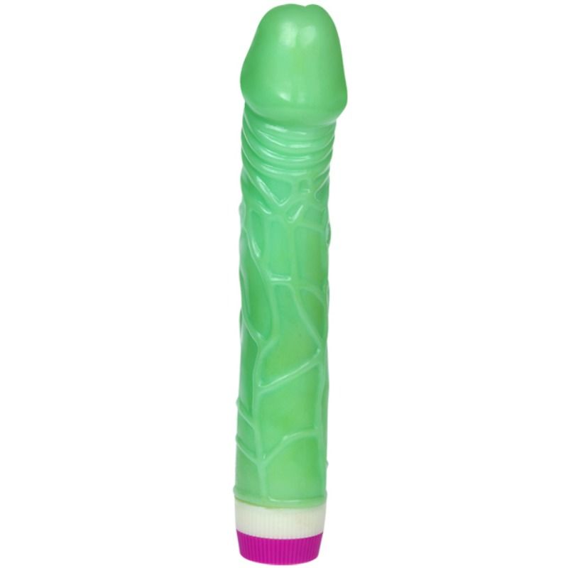 Vibrador realista Baile Waves of Pleasure de 23cm na cor verde, mostrando as suas veias detalhadas e formato ergonómico.