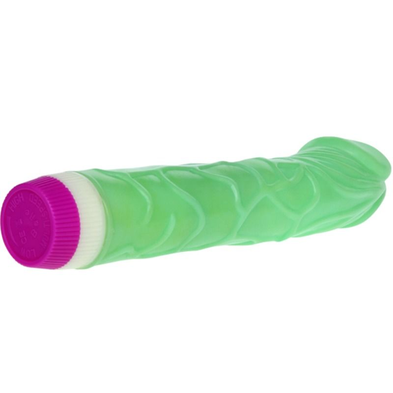 Vibrador realista Baile Waves of Pleasure de 23cm na cor verde, mostrando as suas veias detalhadas e formato ergonómico.