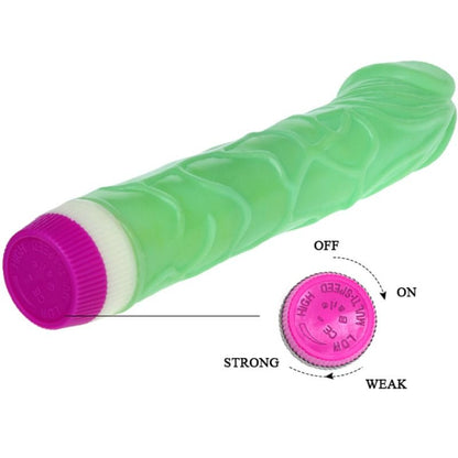 Vibrador realista Baile Waves of Pleasure de 23cm na cor verde, mostrando as suas veias detalhadas e formato ergonómico.