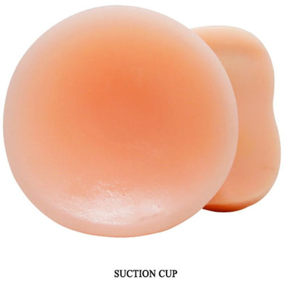 Vibrador realista BAILE PRIME com função vibratória, giratória e controle remoto, destacando sua textura natural e ventosa.