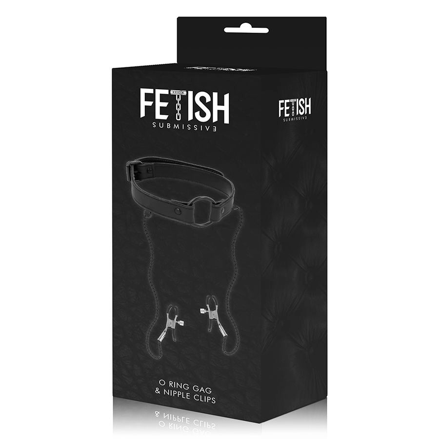 Detalhe do Anel de Gag FETISH SUBMISSIVE com Grampos de Mamilo em couro vegano, mostrando a corrente e os materiais.