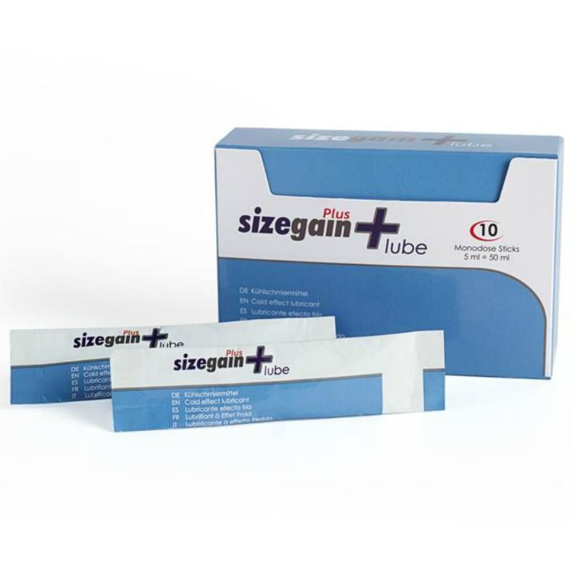 Imagem do lubrificante 500 COSMETICS Sizegain Plus Lube com efeito frio, mostrando as 10 saquetas.