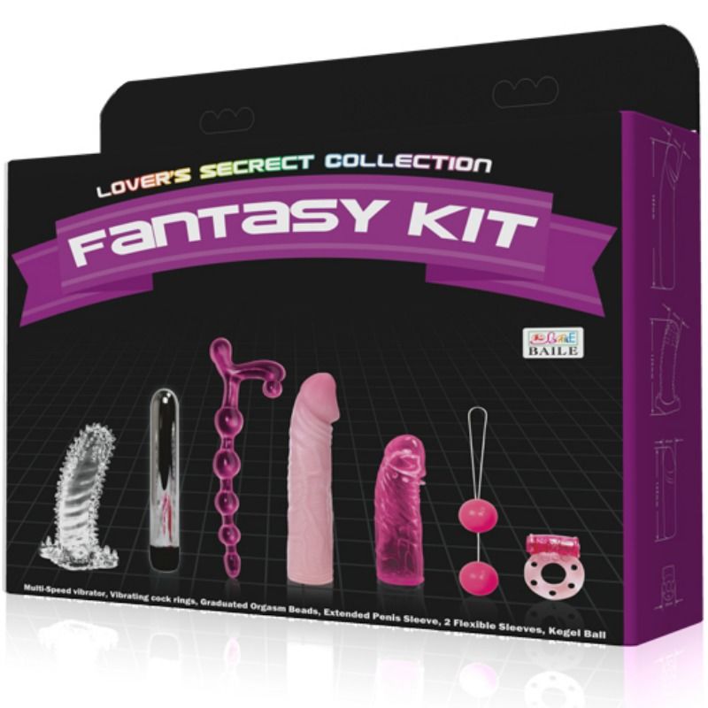 Close-up of the BAILE Kit Fantasia Vibradores e Acessórios de Prazer 7 Peças, showcasing its contents and textures.