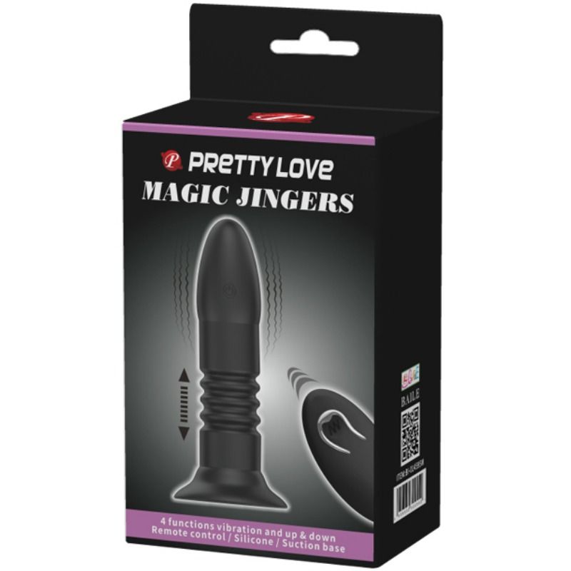 Close-up do Plug Anal Vibratório PRETTY LOVE Magic Jinger, destacando seu design ergonómico, silicone macio e ventosa.