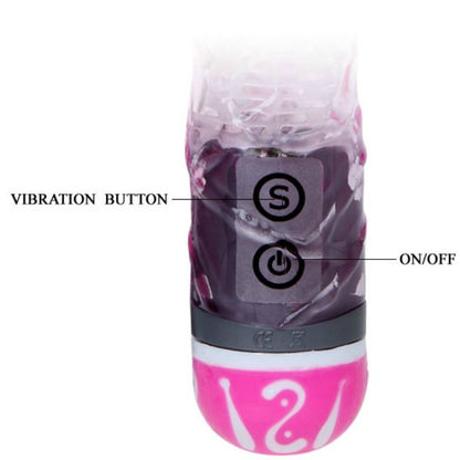 Close-up do Vibrador Coelho BAILE Multivelocidade rosa com 10 modos de vibração.