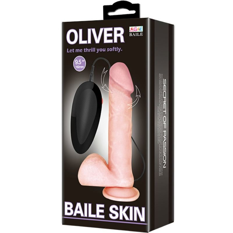 Vibrador realista BAILE Oliver com função de rotação e ventosa, mostrando detalhes da textura e forma.