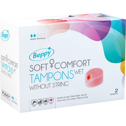 Embalagem dos tampões BEPPY Soft Comfort Wet 2UNITS para higiene menstrual discreta.