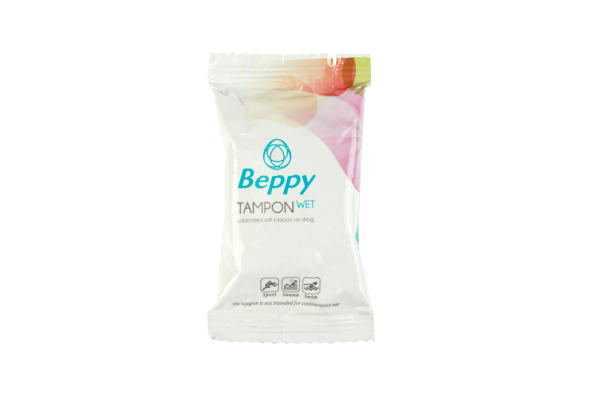 Embalagem dos tampões BEPPY Soft Comfort Wet 2UNITS para higiene menstrual discreta.