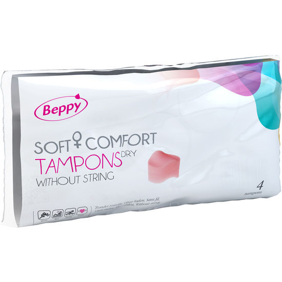 Close-up of the BEPPY Tampões Soft-Comfort sem Fio para Sexo 4 UNIDADES showing packaging and individual tampon.
