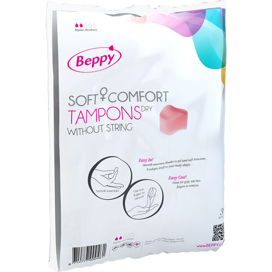 Embalagem de BEPPY Tampões SOFT-COMFORT SECO 30 Unidades, mostrando o produto e detalhes.