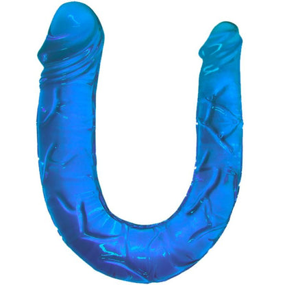 Close-up do BAILE Dildo Duplo Translúcido 2 em 1 Azul, mostrando a sua textura com veias e design ergonómico.