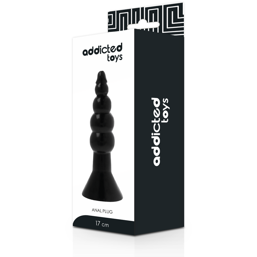 Plug Anal Addicted Toys de 17 cm em TPR preto, com design escalonado para dilatação.