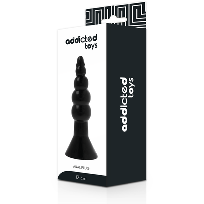 Plug Anal Addicted Toys de 17 cm em TPR preto, com design escalonado para dilatação.