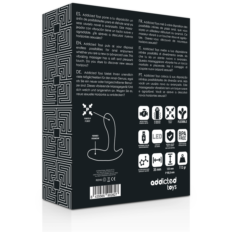 Massageador anal vibratório Addicted Toys preto com design ergonómico para estimulação da próstata e testículos.