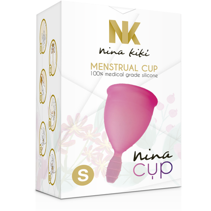 Copo menstrual NINA KIKÍ Rosa Tamanho S, feito de silicone médico para higiene íntima.