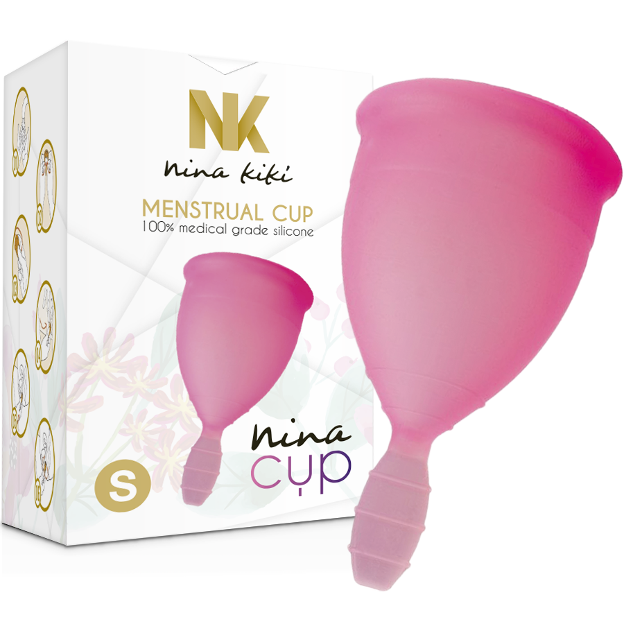 Copo menstrual NINA KIKÍ Rosa Tamanho S, feito de silicone médico para higiene íntima.