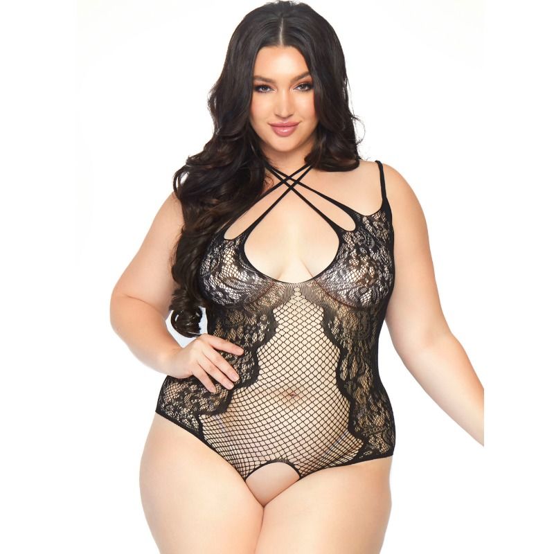 Teddy Lingerie Leg Avenue de rede e renda sem virilha, tamanho 1X-2X, na cor preta.