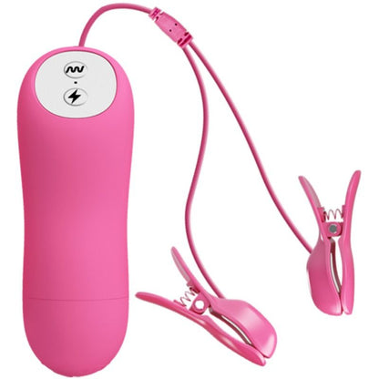 Pinças para mamilos vibratórias com eletrochoque fúcsia BAILE, close-up do design ajustável e vibrador