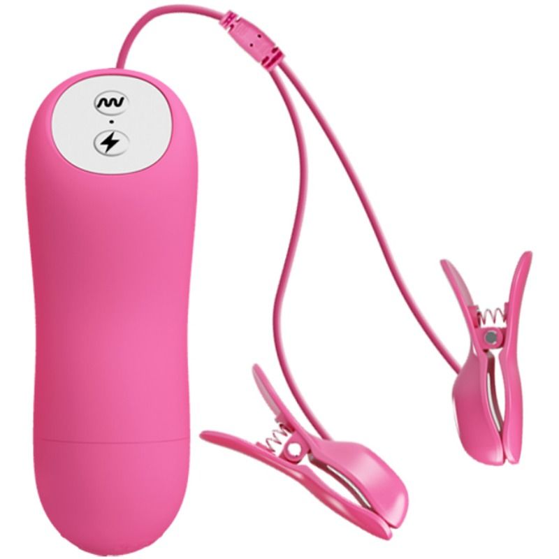 Pinças para mamilos vibratórias com eletrochoque fúcsia BAILE, close-up do design ajustável e vibrador