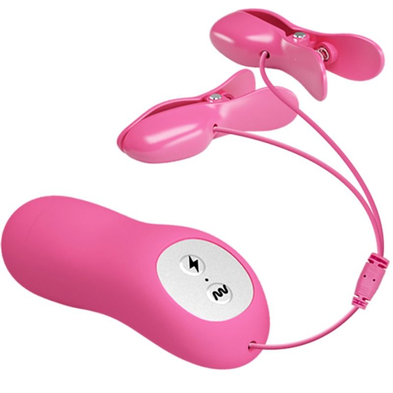 Pinças para mamilos vibratórias com eletrochoque fúcsia BAILE, close-up do design ajustável e vibrador