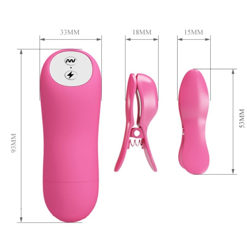 Pinças para mamilos vibratórias com eletrochoque fúcsia BAILE, close-up do design ajustável e vibrador