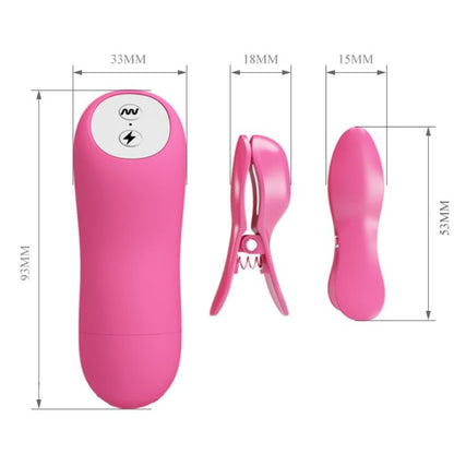 Pinças para mamilos vibratórias com eletrochoque fúcsia BAILE, close-up do design ajustável e vibrador