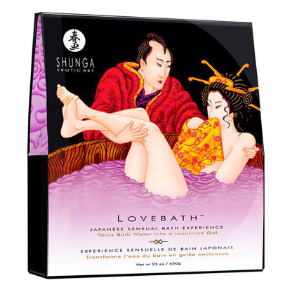 Embalagem do SHUNGA Banho de Amor Lótus Sensual, um gel relaxante e erótico para banho de casais.