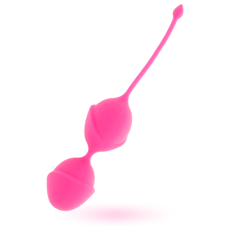 Close-up das Bolas Kegel Karmy Fit Silicone Fúcsia da Intense, mostrando sua forma ergonómica e cor vibrante.