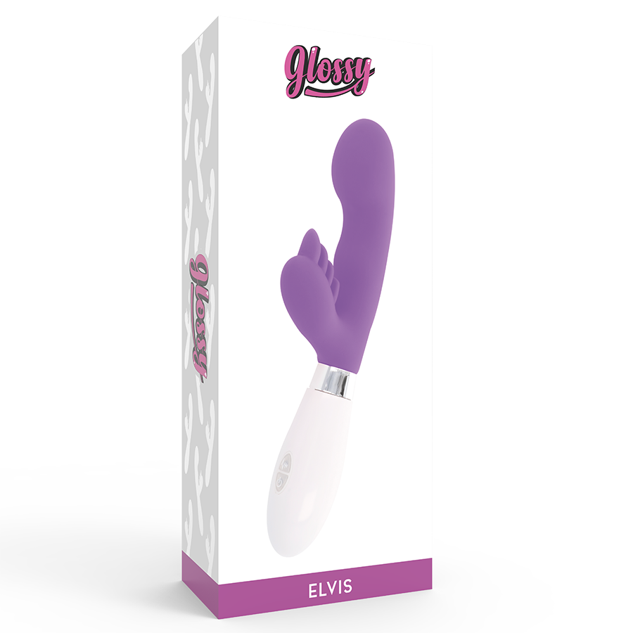 Close-up do Vibrador de Coelho GLOSSY Elvis Roxo, destacando o design ergonómico de silicone e o estimulador.