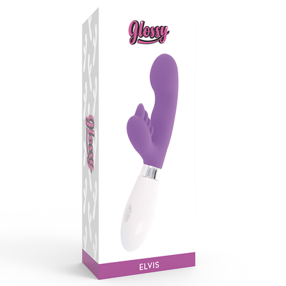 Close-up do Vibrador de Coelho GLOSSY Elvis Roxo, destacando o design ergonómico de silicone e o estimulador.