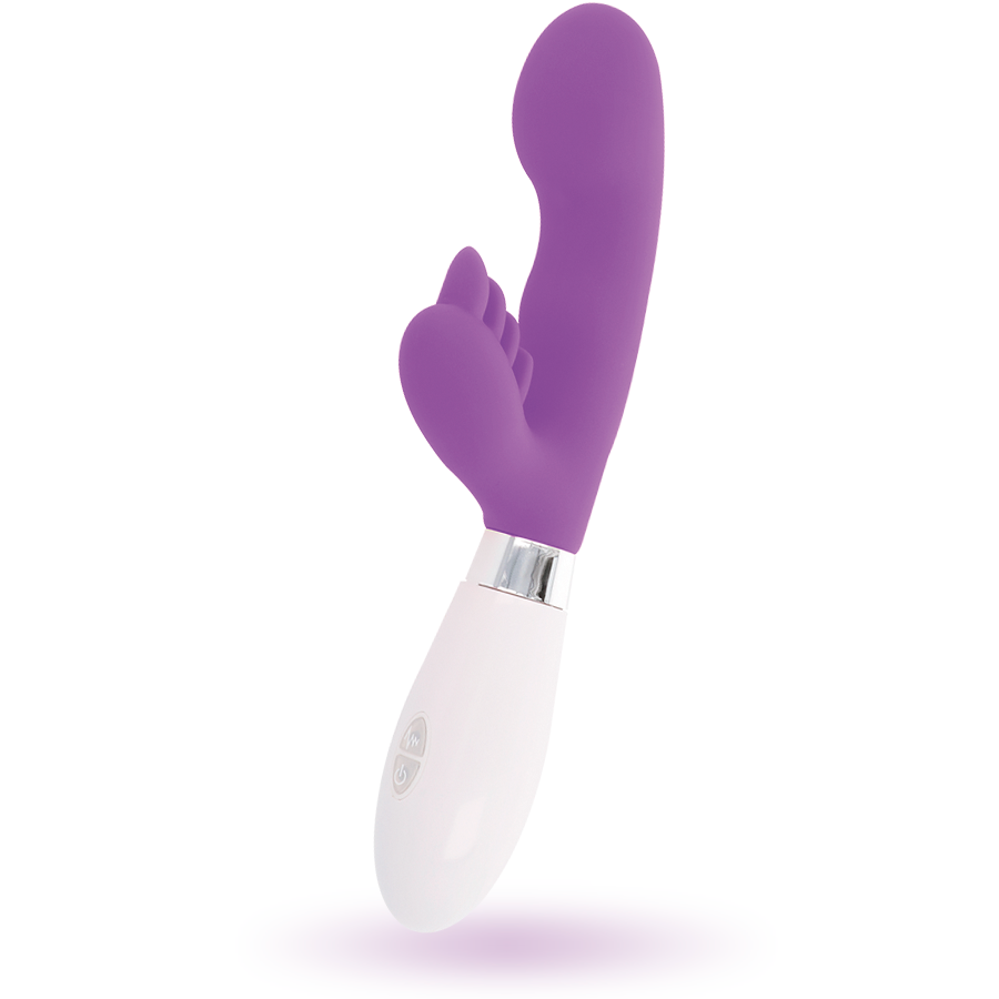 Close-up do Vibrador de Coelho GLOSSY Elvis Roxo, destacando o design ergonómico de silicone e o estimulador.