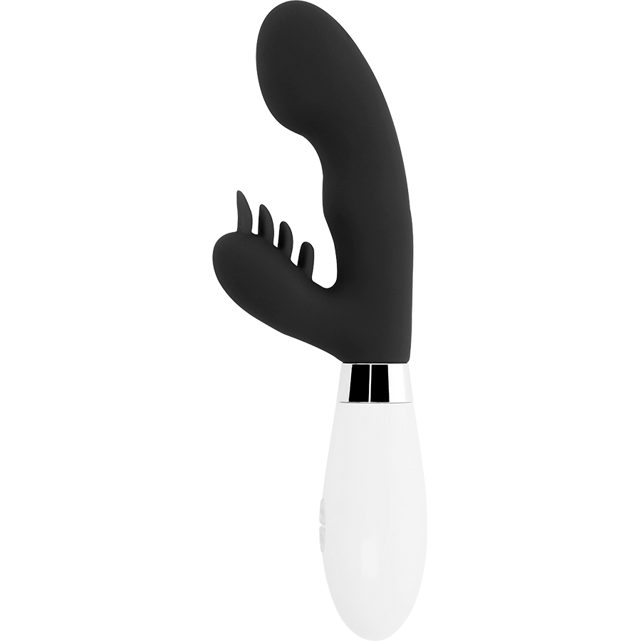 Vista detalhada do vibrador coelho GLOSSY Elvi Preto de silicone com estimulador clitoriano.
