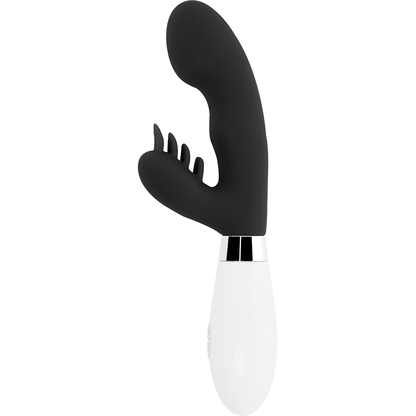 Vista detalhada do vibrador coelho GLOSSY Elvi Preto de silicone com estimulador clitoriano.