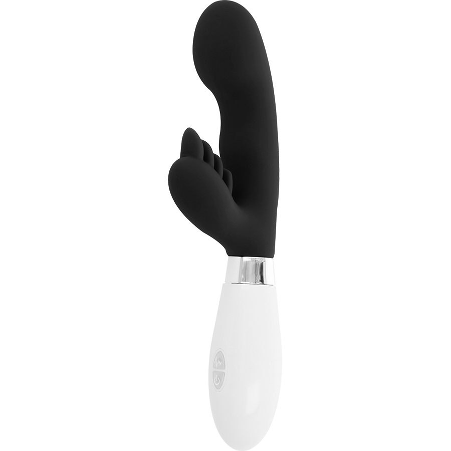 Vista detalhada do vibrador coelho GLOSSY Elvi Preto de silicone com estimulador clitoriano.