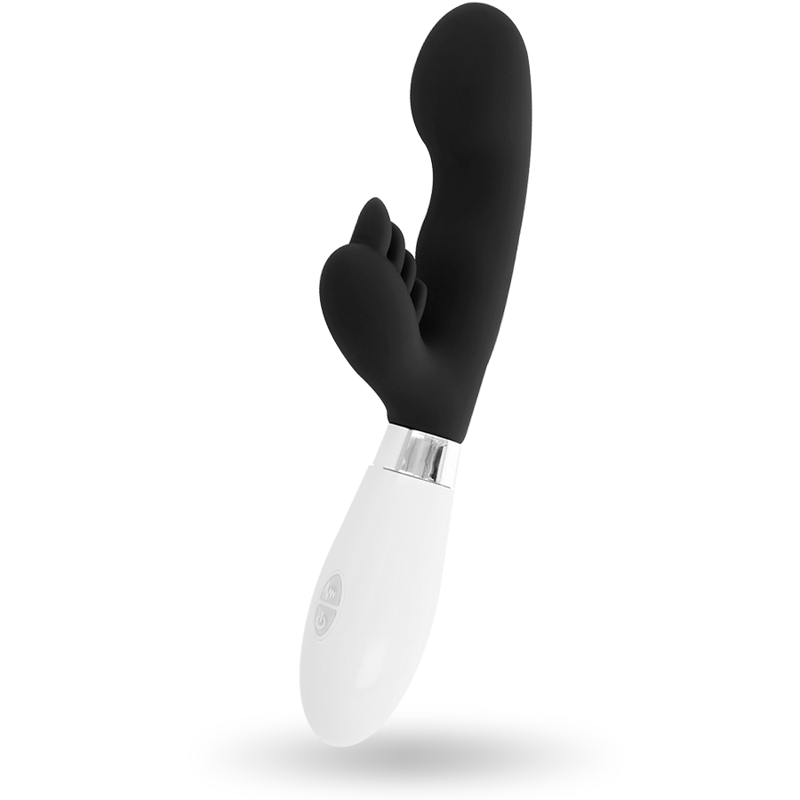 Vista detalhada do vibrador coelho GLOSSY Elvi Preto de silicone com estimulador clitoriano.