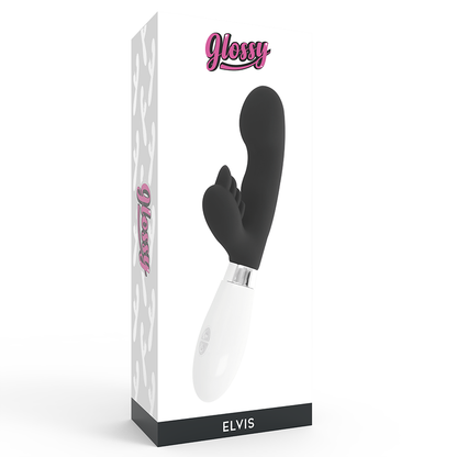 Vista detalhada do vibrador coelho GLOSSY Elvi Preto de silicone com estimulador clitoriano.