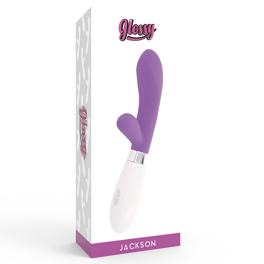 Close-up of the GLOSSY Massageador Coelho Jackson Roxo, highlighting its silicone texture and design for G-spot stimulation.